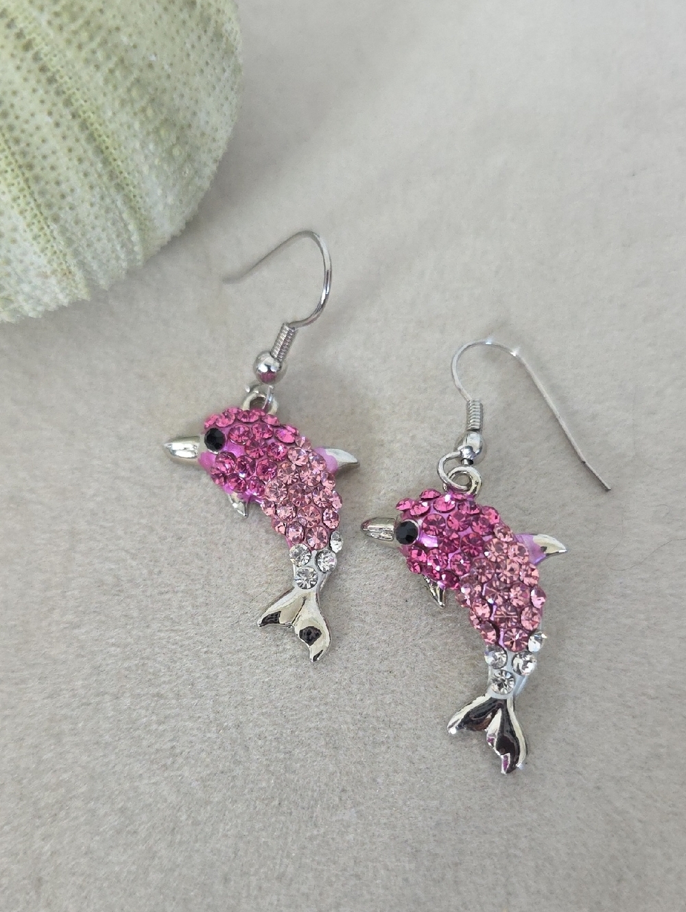 Sipver with Ligth and Dark Pink Rhinestone Dolphin Earrings